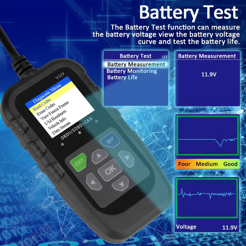 Сканер OBD2 V119, считыватель  – обзор и цена Power Supply Tester